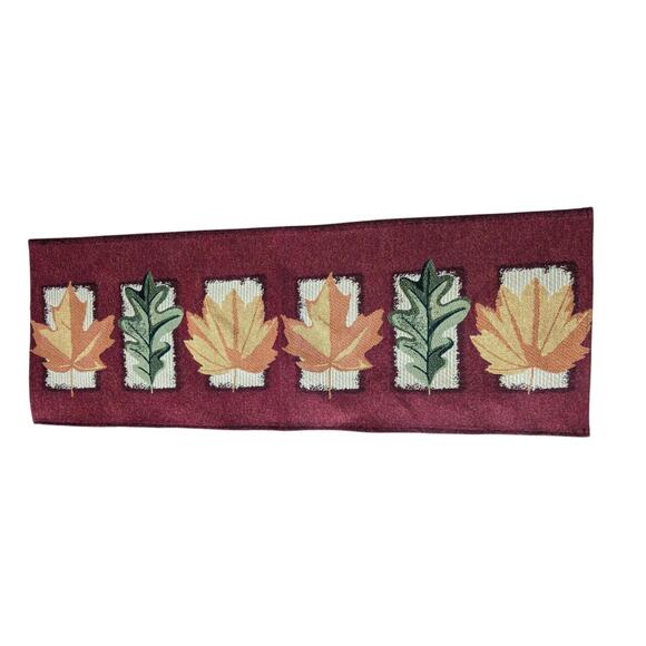Fall Leaves Thanksgiving Table Runner 2 Placemats Upholstery Maroon Gold Green - Picture 2 of 4